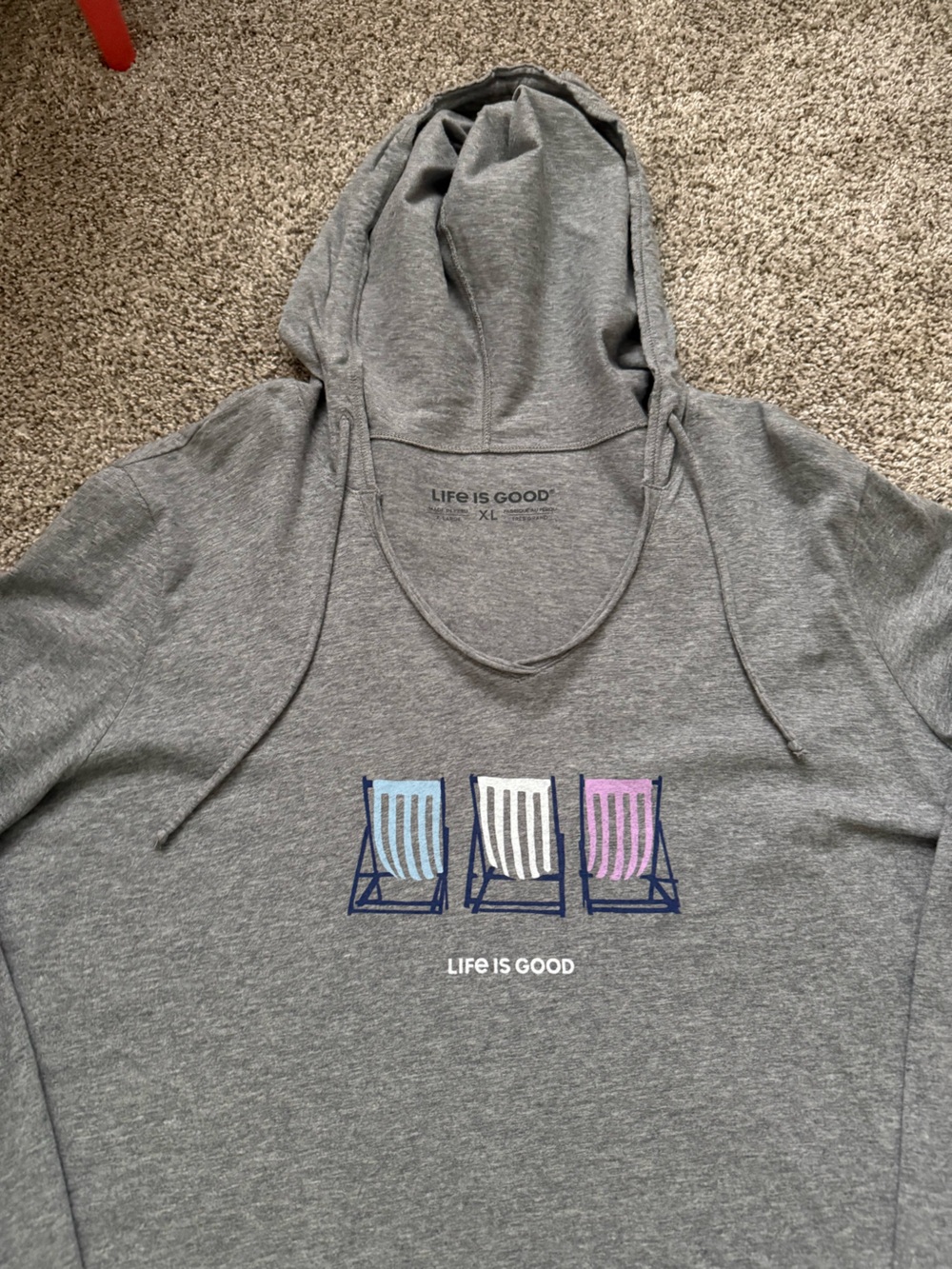 Life Is Good Heather Gray LS T-Shirt W/Hood Multicolor Beach Chairs SIZE XL